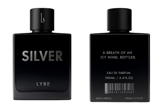 “Side and back view of SILVER by LYRE showing quote and barcode”